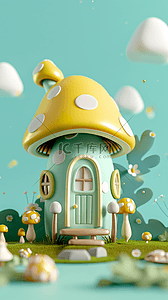 六一背景图片_可爱卡通鲜艳的3D蘑菇屋背景