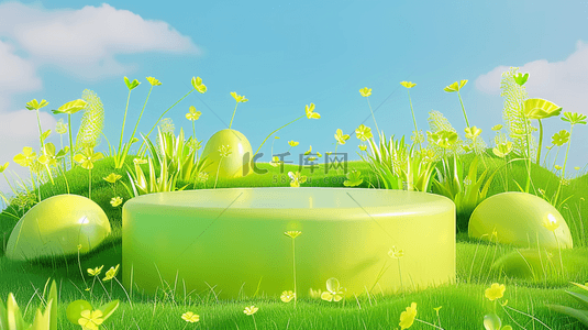 绿色充电免抠背景图片_春天促销户外绿色草丛3D电商展台素材