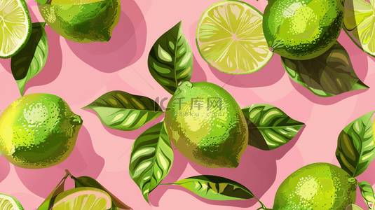 柠檬水果背景图片_粉色场景绿色柠檬水果的背景