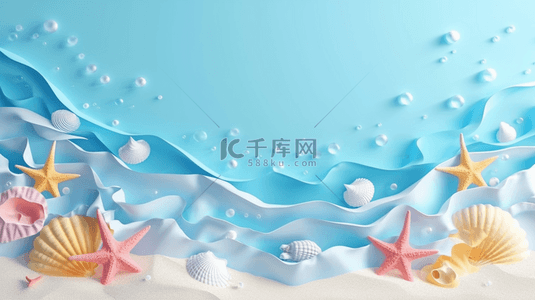 夏日促销清新背景图片_清新夏天促销场景3D海滩海星波浪设计图