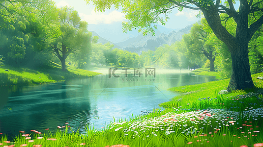 树林溪流草地合成创意素材背景