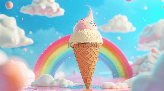 卡通夏天白云背景图片_3D夏天云朵里的圣代冰淇淋甜筒素材