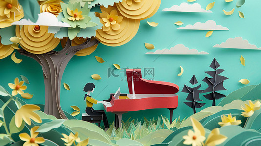 纸片钢琴树下合成创意素材背景