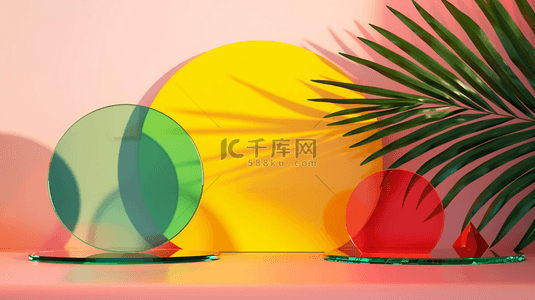 夏天鲜亮三元色半透明玻璃电商展台背景素材