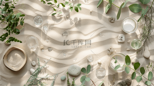 沙滩创意合成背景图片_鹅卵石沙滩绿叶合成创意素材背景