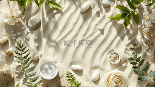 绿叶合成背景图片_鹅卵石沙滩绿叶合成创意素材背景