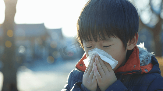 病毒感冒摄影照片_生病擤鼻涕的儿童1