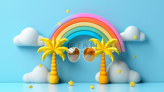 彩虹太阳背景图片_彩虹太阳椰子树合成创意素材背景