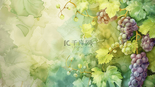 狐狸和葡萄背景图片_绿色水彩葡萄水果插画设计
