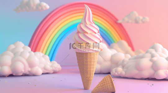 冰淇淋冰背景图片_3D夏天云朵里的圣代冰淇淋甜筒背景图