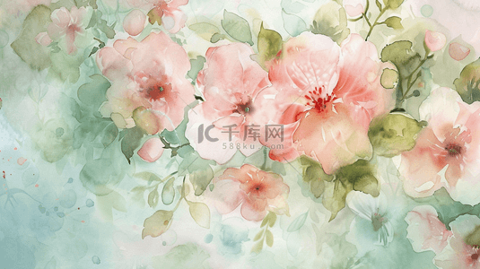 手绘水彩粉色花朵背景图片_淡绿色植物自然盛开的花朵自然背景