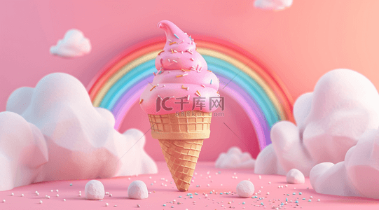 冰淇淋卡通背景图片_3D夏天云朵里的圣代冰淇淋甜筒背景图
