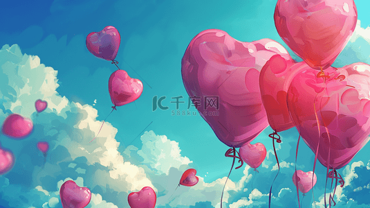 气球天空背景背景图片_唯美蓝天白云下爱心红色气球的背景
