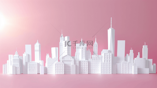 建筑粉色背景图片_白色折纸城市建筑背景