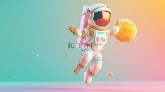 开心吃面的小女孩背景图片_太空人追逐开心合成创意素材背景