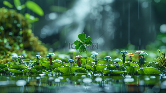蘑菇下躲雨背景图片_植物四叶草躲雨合成创意素材背景
