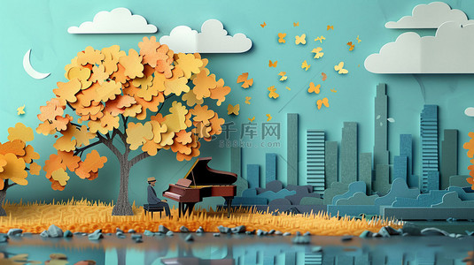 纸片钢琴树下合成创意素材背景