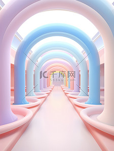 拱形隧道背景图片_卡通光隧道冷粉彩背景