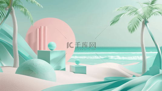 粉绿色背景图片_清新夏天粉绿色沙滩椰树电商展台设计图