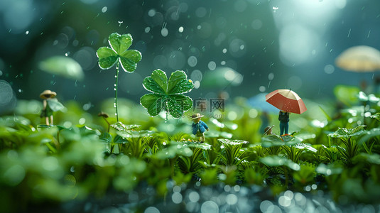 雨雨雨背景图片_植物四叶草躲雨合成创意素材背景