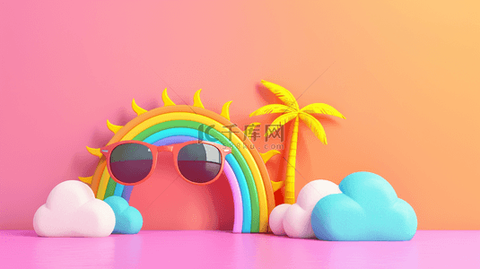 彩虹太阳椰子树合成创意素材背景