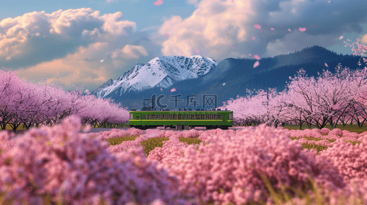 列车花海远山合成创意素材背景