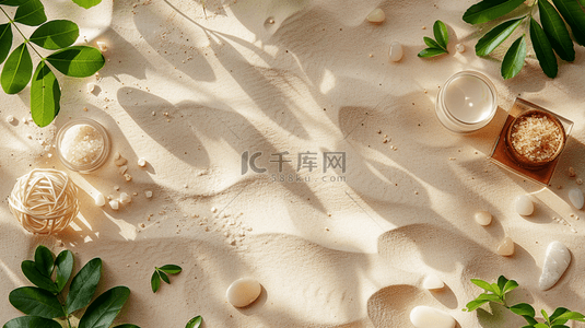鹅卵石沙滩绿叶合成创意素材背景