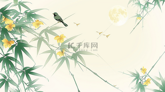 叼着花的小鸟背景图片_蝴蝶竹子小鸟合成创意素材背景