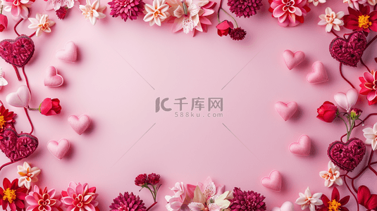 粉红色爱心树枝花朵平面平铺的背景