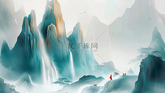 流水背景背景图片_高山松柏流水合成创意素材背景