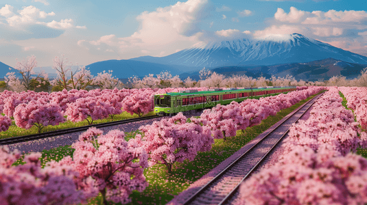 列车花海远山合成创意素材背景