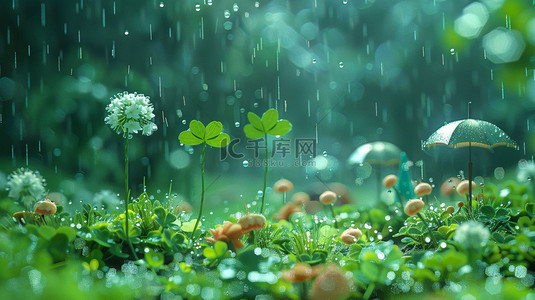 植物四叶草躲雨合成创意素材背景