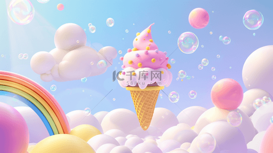 冰淇淋夏日背景图片_3D夏天云朵里的圣代冰淇淋甜筒背景