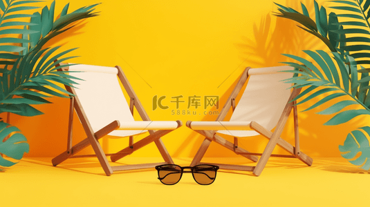 夏日假日背景图片_夏日鲜亮黄色背景里的沙滩椅