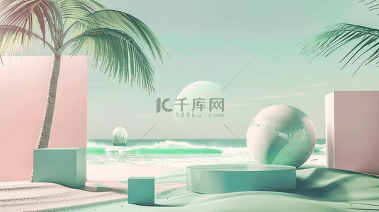 夏天沙滩背景图片_清新夏天粉绿色沙滩椰树电商展台图片