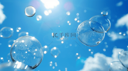 梦幻唯美小清新背景图片_蓝色夏季蓝天中漂浮的气泡背景