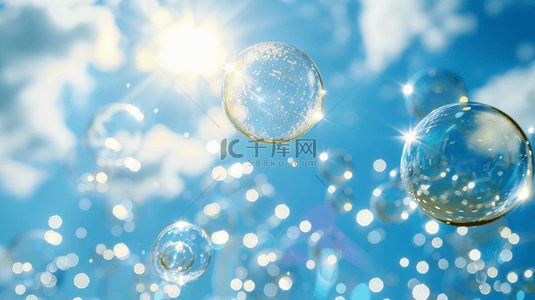 梦幻气泡背景背景图片_蓝色夏季蓝天中漂浮的气泡背景
