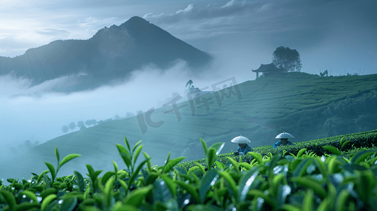 茶园中采茶的茶农摄影4