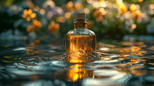 金黄色背景图片_水面上的化妆品瓶子装饰背景