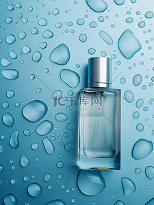 香水的背景图片_浅蓝色水珠摆放香水的背景