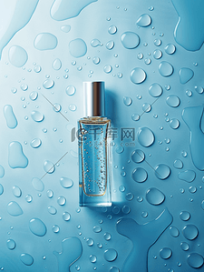名牌香水背景图片_浅蓝色水珠摆放香水的背景