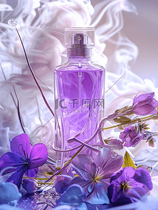 白色渐变喷雾背景图片_紫色浪漫花朵化妆品喷雾拍摄场景的背景