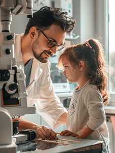 验光师在指导小女孩用专业验光仪器检查视力