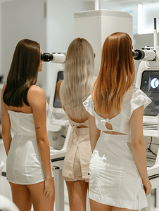视力仪器摄影照片_年轻女性站在验光机器前检查视力