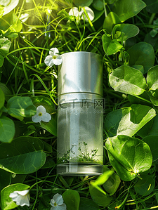 化妆水背景图片_绿色清新树叶透明化妆水的背景