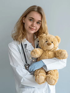医院诊室摄影照片_手拿玩具熊的女医生
