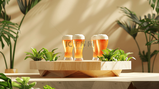 蓝带啤酒啤酒罐背景图片_夏日盆栽装饰的圆形展示台上的啤酒背景