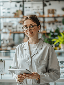 眼科中心摄影照片_眼镜店里拿着平板的女性店员