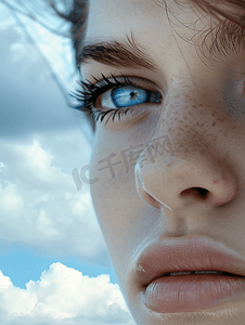 天空摄影照片_眼睛健康多云天空背景上的女蓝眼睛