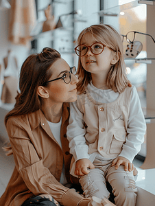 眼镜店图片摄影照片_妈妈带孩子到眼镜店挑选合适的眼镜